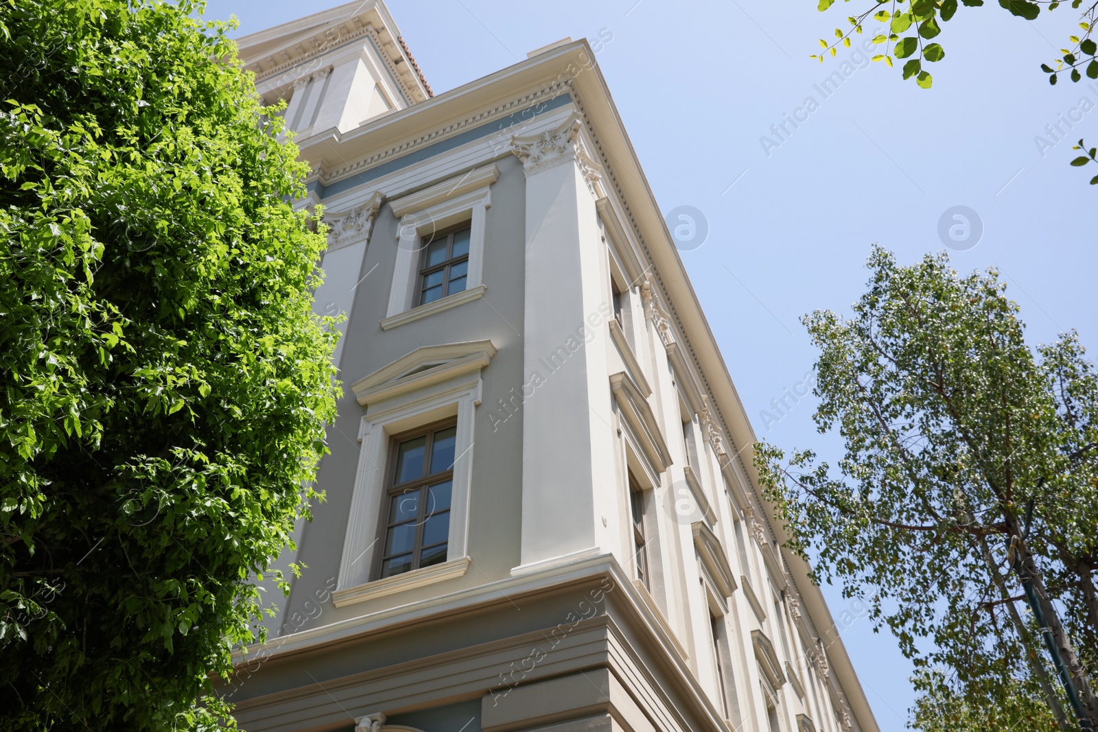 Photo of Beautiful building and green trees outdoors on sunny day, low angle view