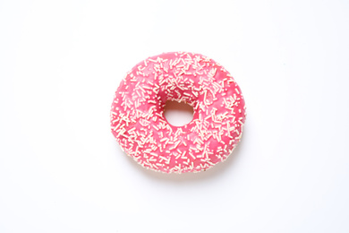 Photo of Delicious glazed donut on white background, top view