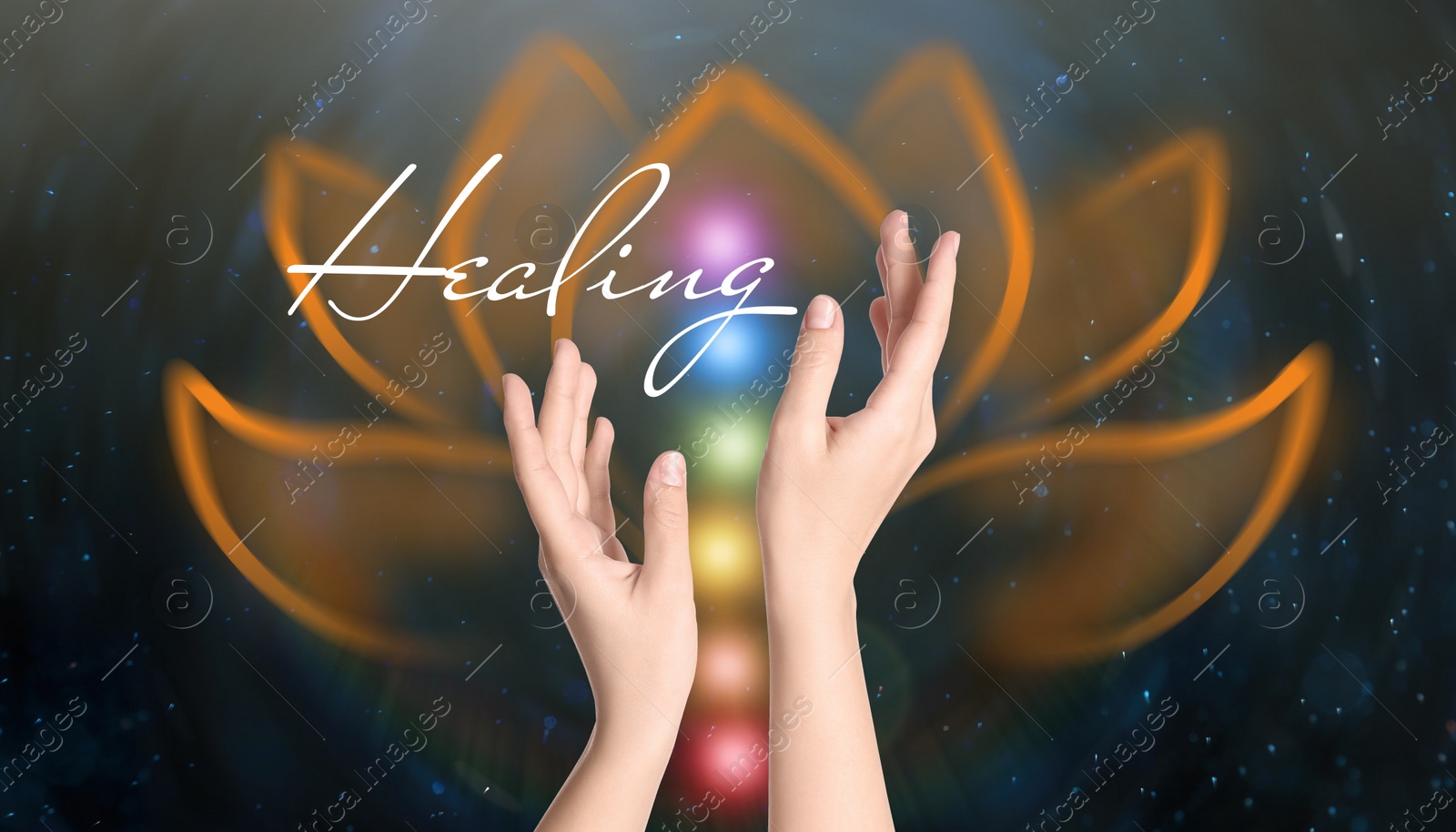 Image of Closeup view of woman on color background. Healing concept