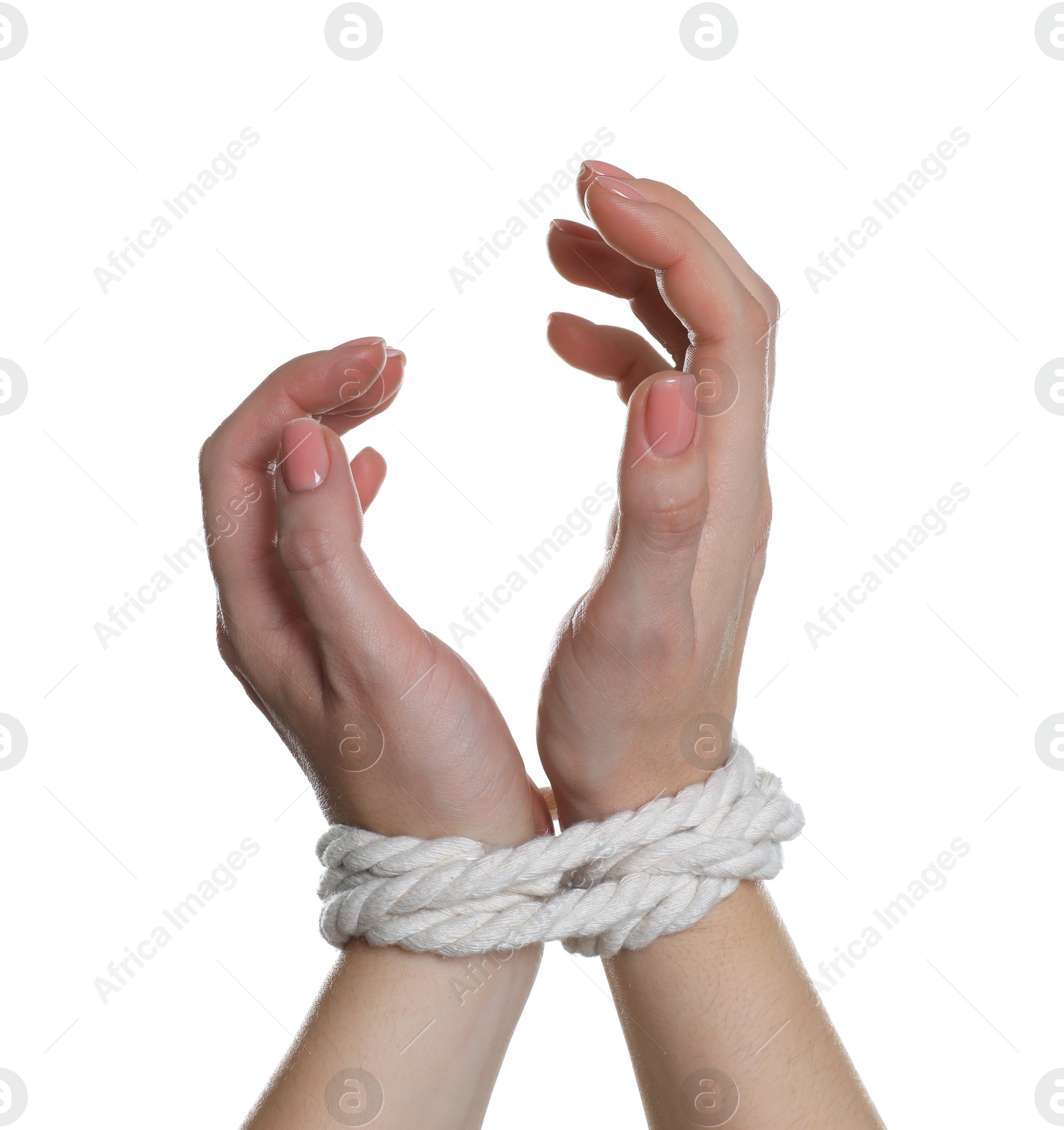 Photo of Freedom concept. Woman with tied arms on white background, closeup