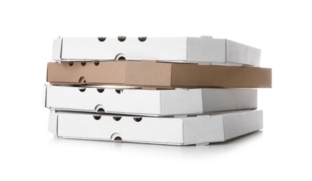 Photo of Stack of cardboard pizza boxes on white background