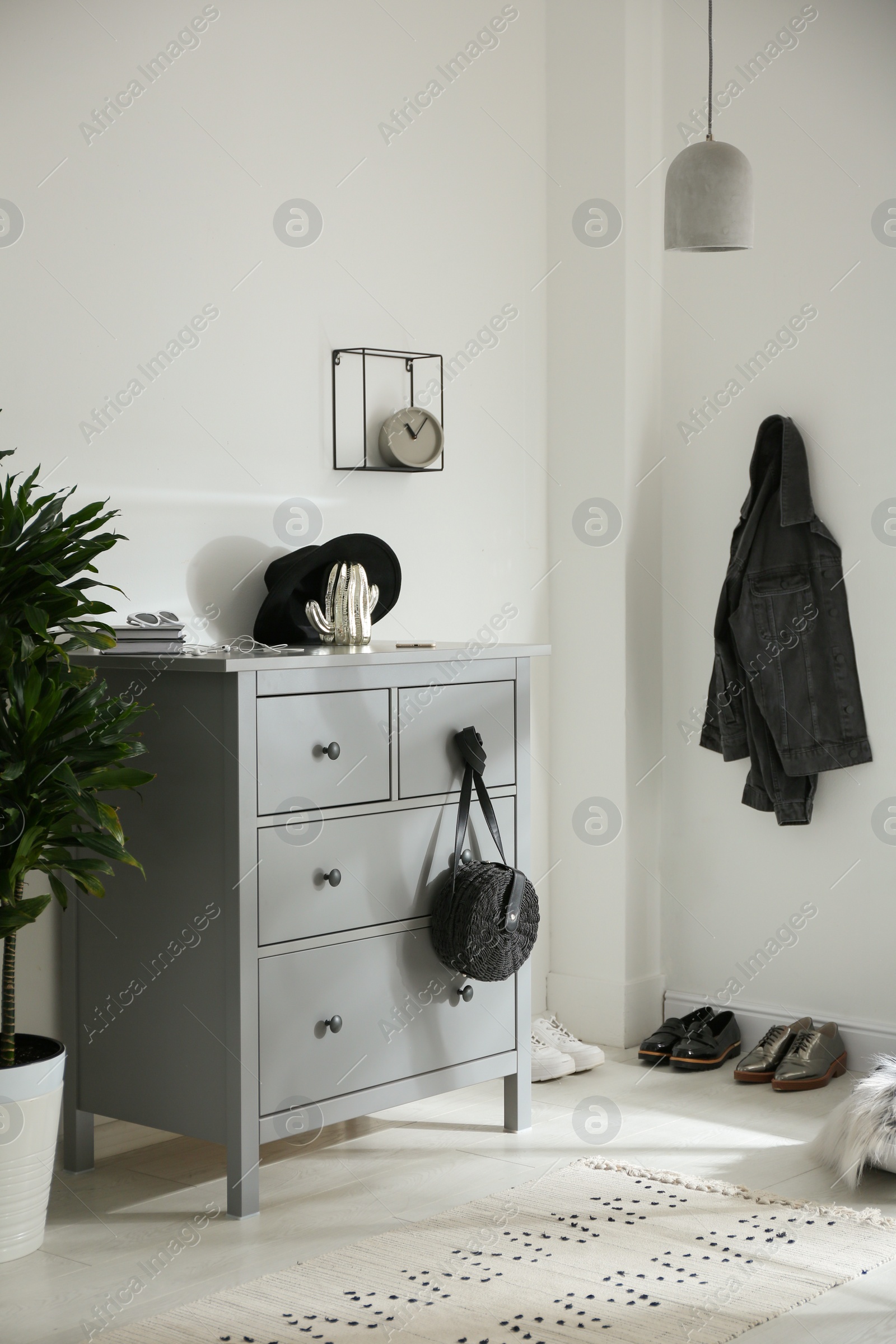 Photo of Grey chest of drawers in stylish room. Interior design