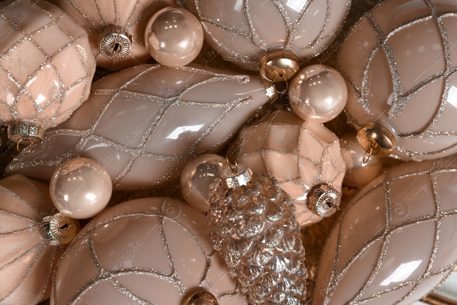 Photo of Collection of beautiful Christmas tree baubles as background, closeup