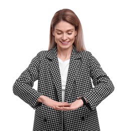 Beautiful happy businesswoman in suit posing on white background