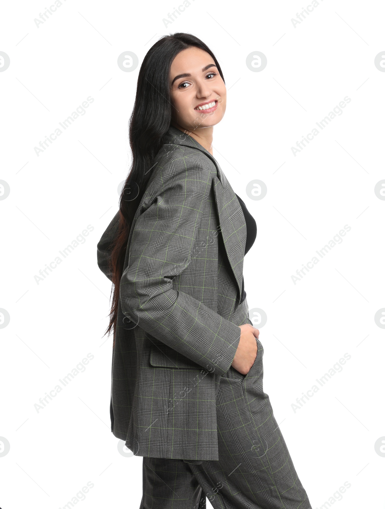 Photo of Beautiful woman in formal suit on white background. Business attire