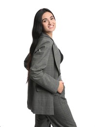 Beautiful woman in formal suit on white background. Business attire