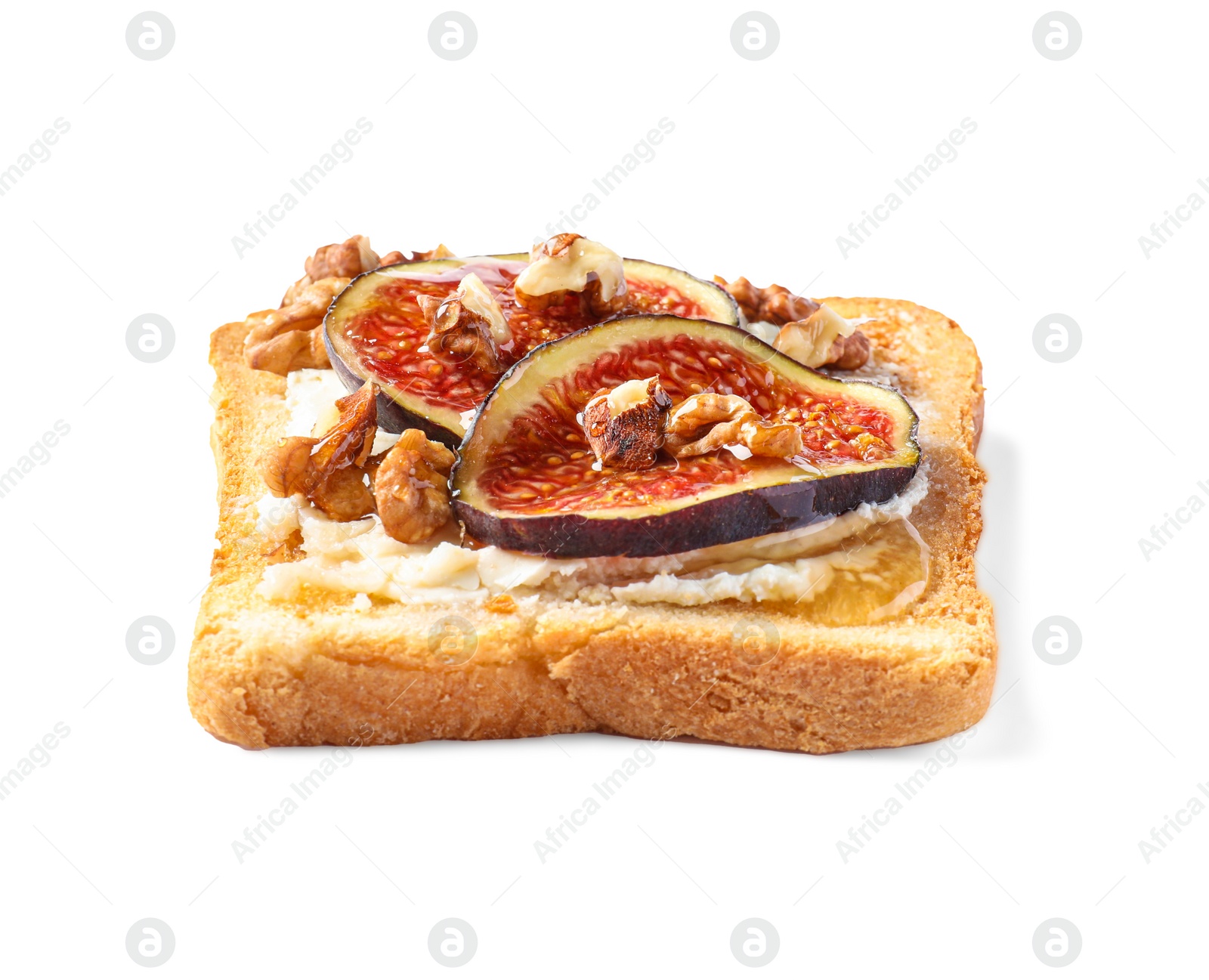 Photo of Delicious toast with cream cheese, sliced figs and nuts isolated on white