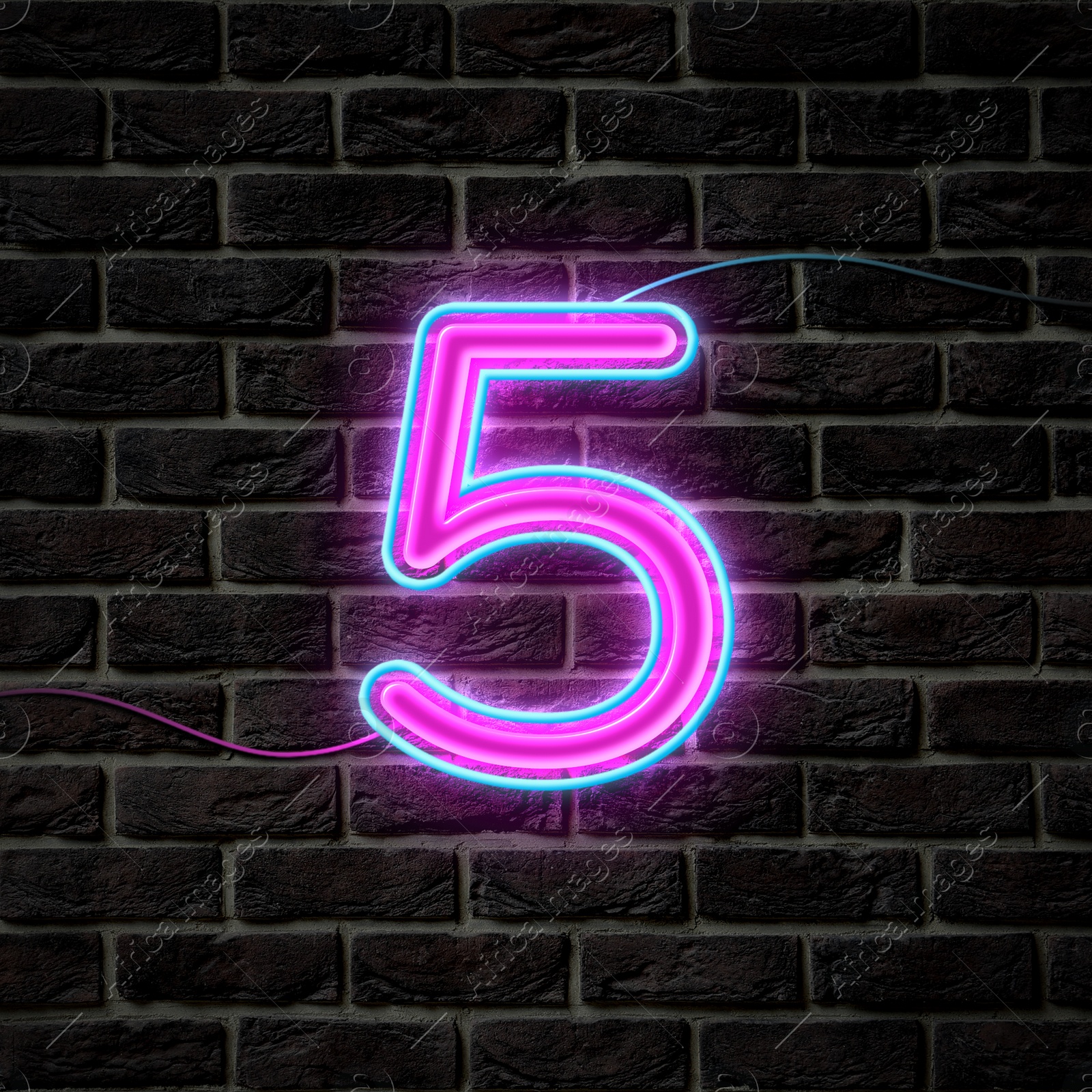 Image of Glowing neon number 5 sign on brick wall