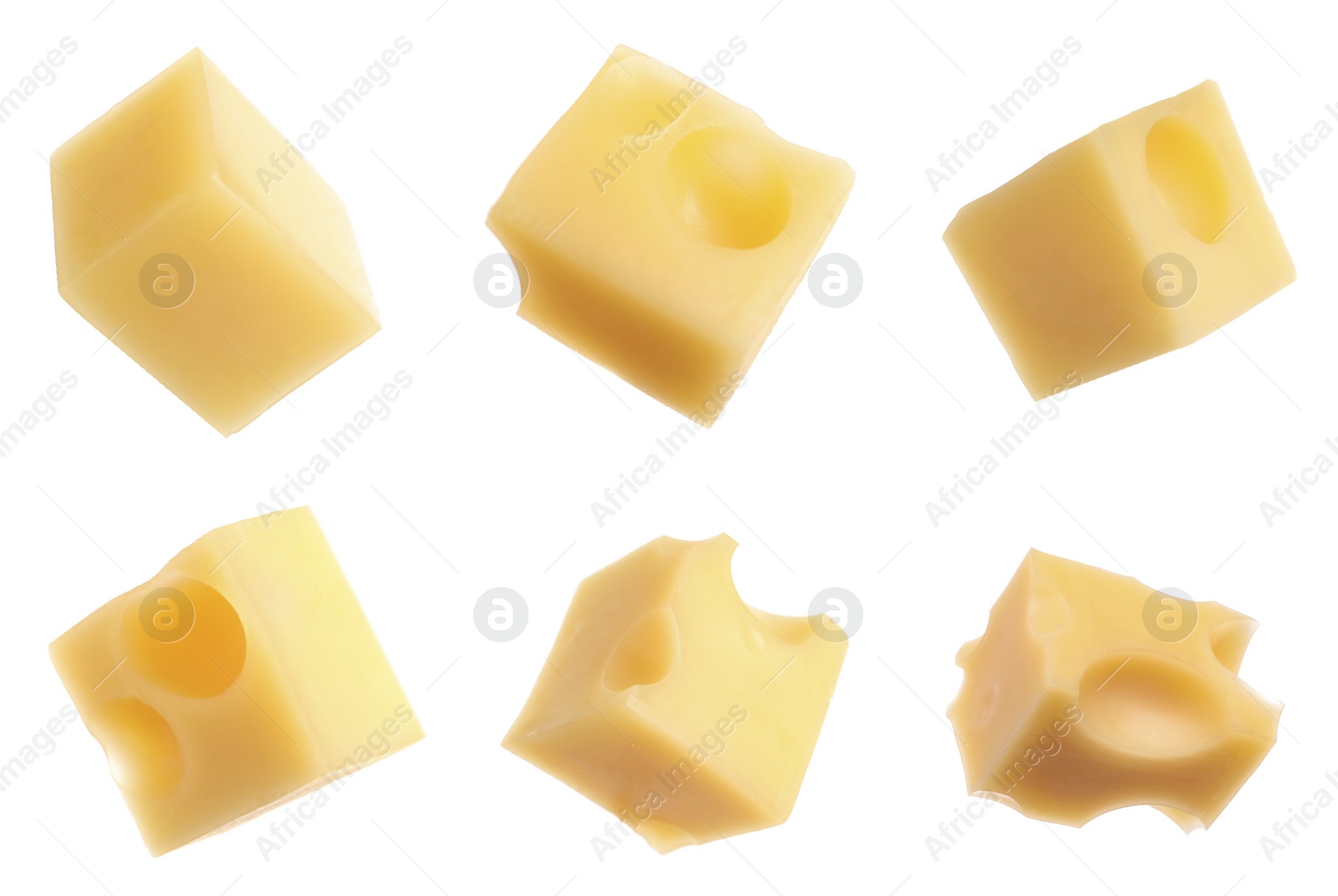 Image of Set of delicious cheese cubes on white background