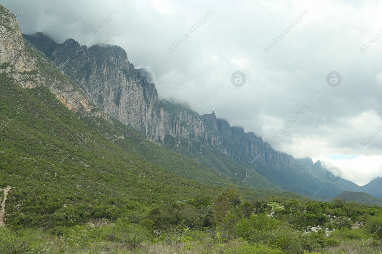 Photo of Picturesque landscape with high mountains and fog under cloudy sky