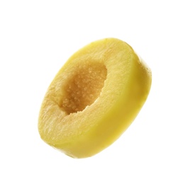 Photo of Slice of green olive on white background