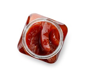 Tasty homemade quince jam in jar isolated on white, top view