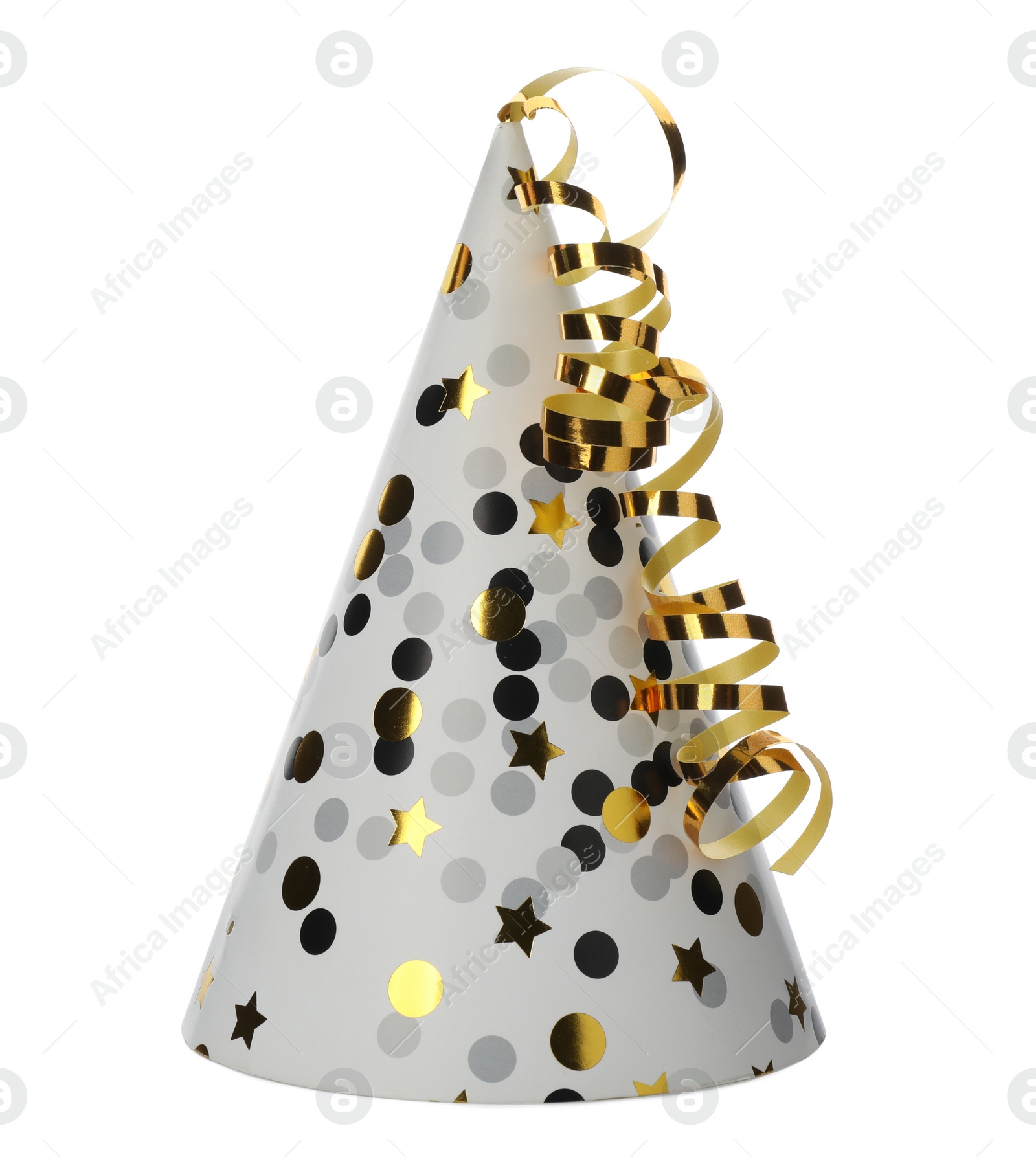 Photo of Bright party hat with streamers isolated on white. Festive accessory