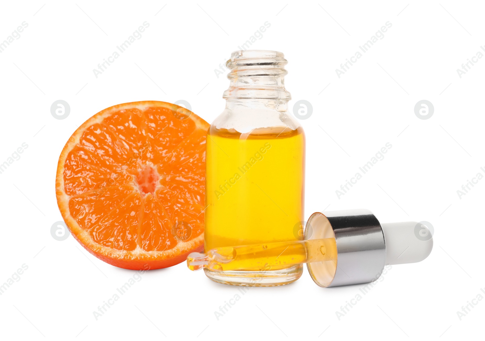 Photo of Aromatic tangerine essential oil in bottle, pipette and citrus fruit isolated on white