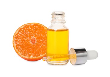 Aromatic tangerine essential oil in bottle, pipette and citrus fruit isolated on white