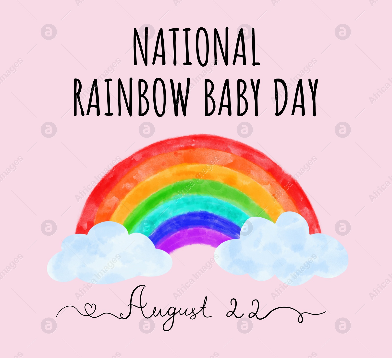 Illustration of National Rainbow Baby Day, August 22.  rainbow with clouds on pink background