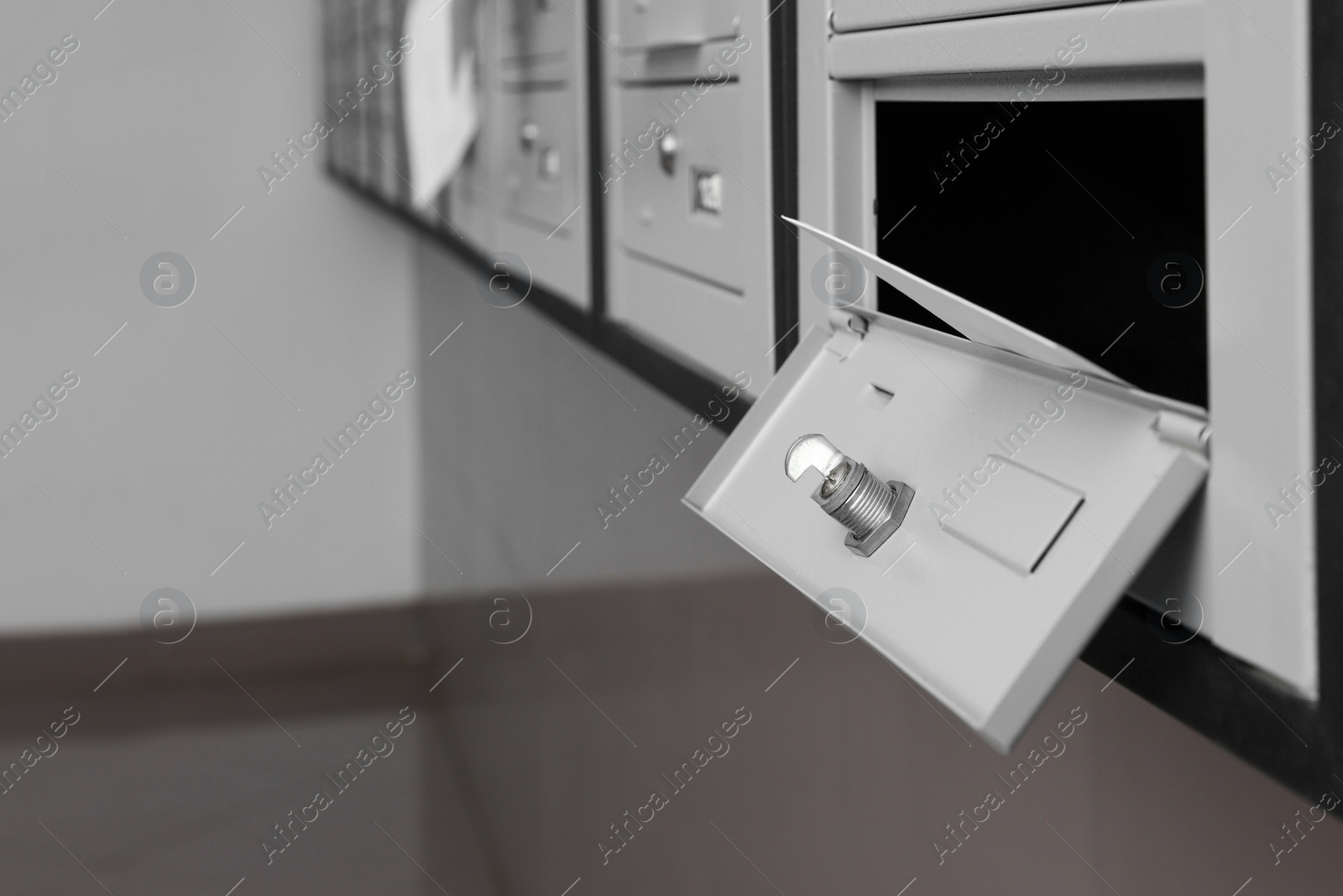 Photo of Open metal mailbox with envelope indoors, closeup view