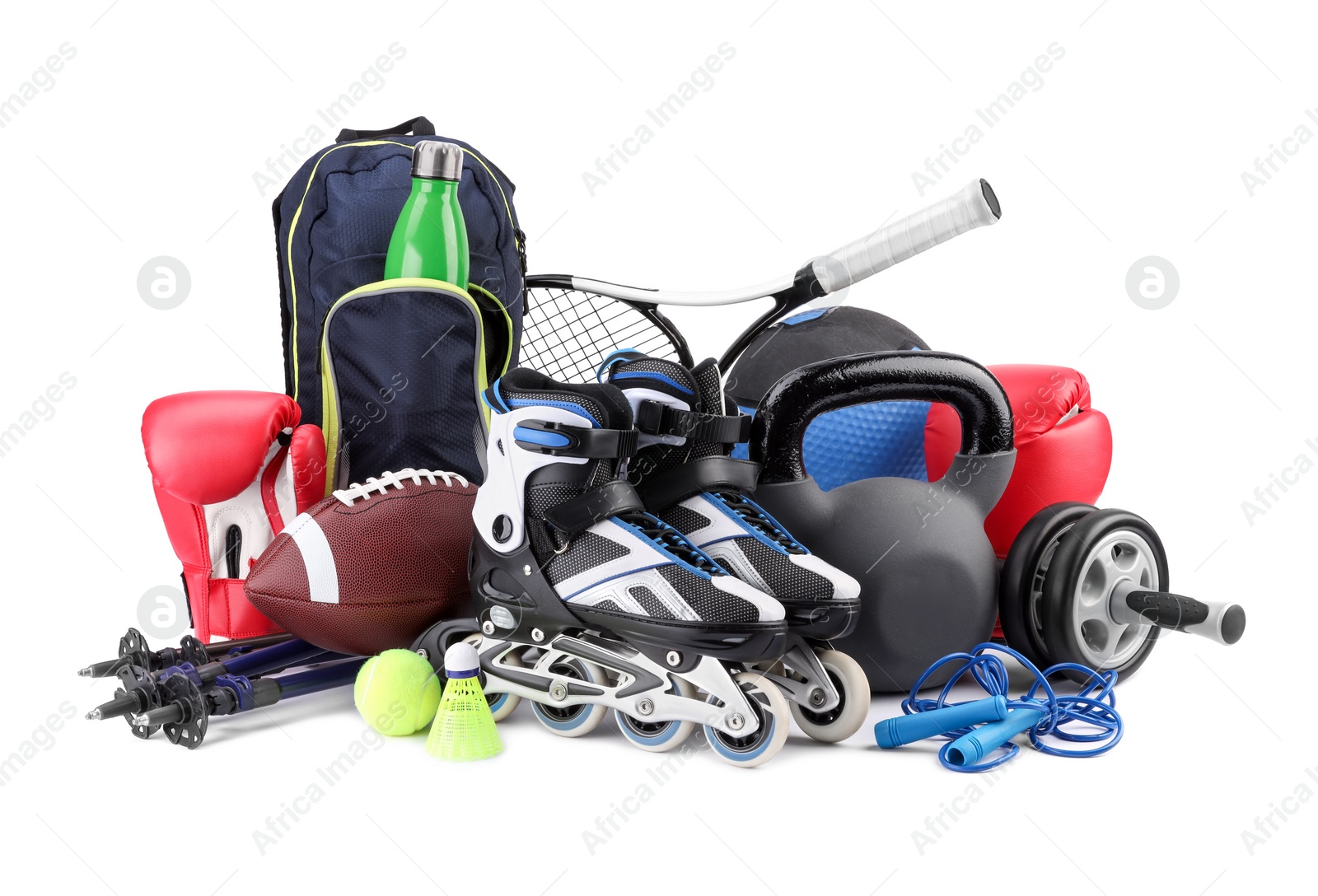 Photo of Many different sports equipment isolated on white