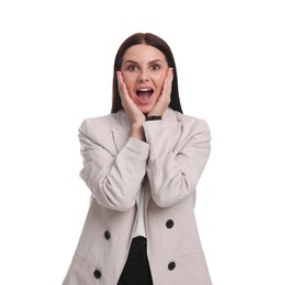 Beautiful emotional businesswoman in suit on white background