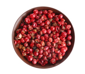 Photo of Bowl of red peppercorns isolated on white, top view