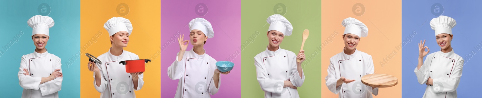 Image of Collage with photos of professional chef on different color backgrounds