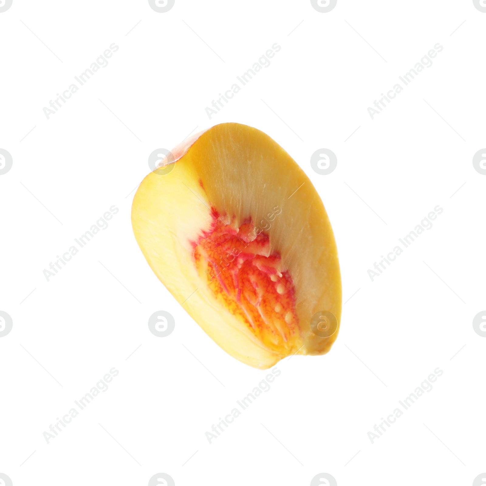 Photo of Slice of juicy peach on white background