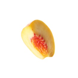 Photo of Slice of juicy peach on white background