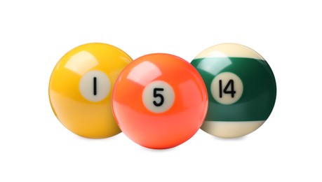 Set with billiard balls on white background