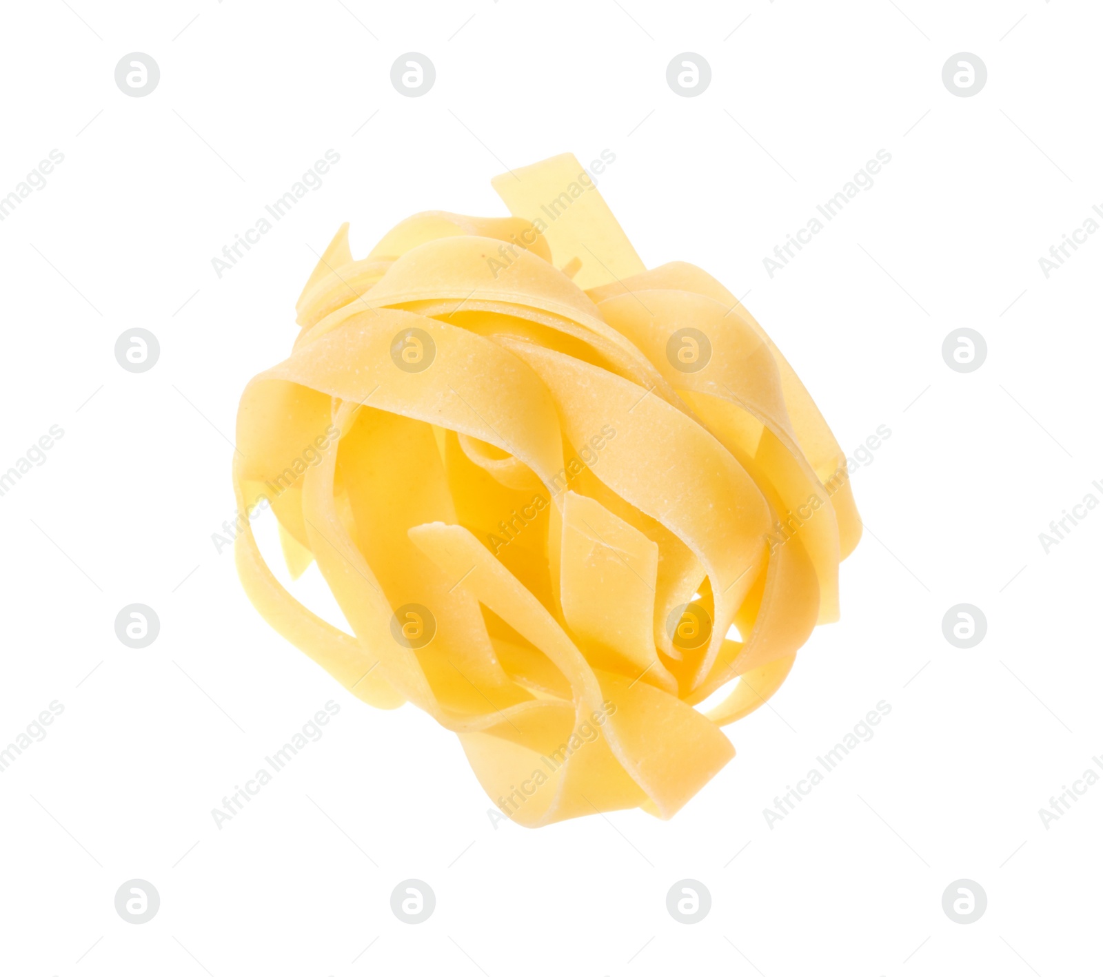Photo of Raw fettuccine pasta isolated on white, top view