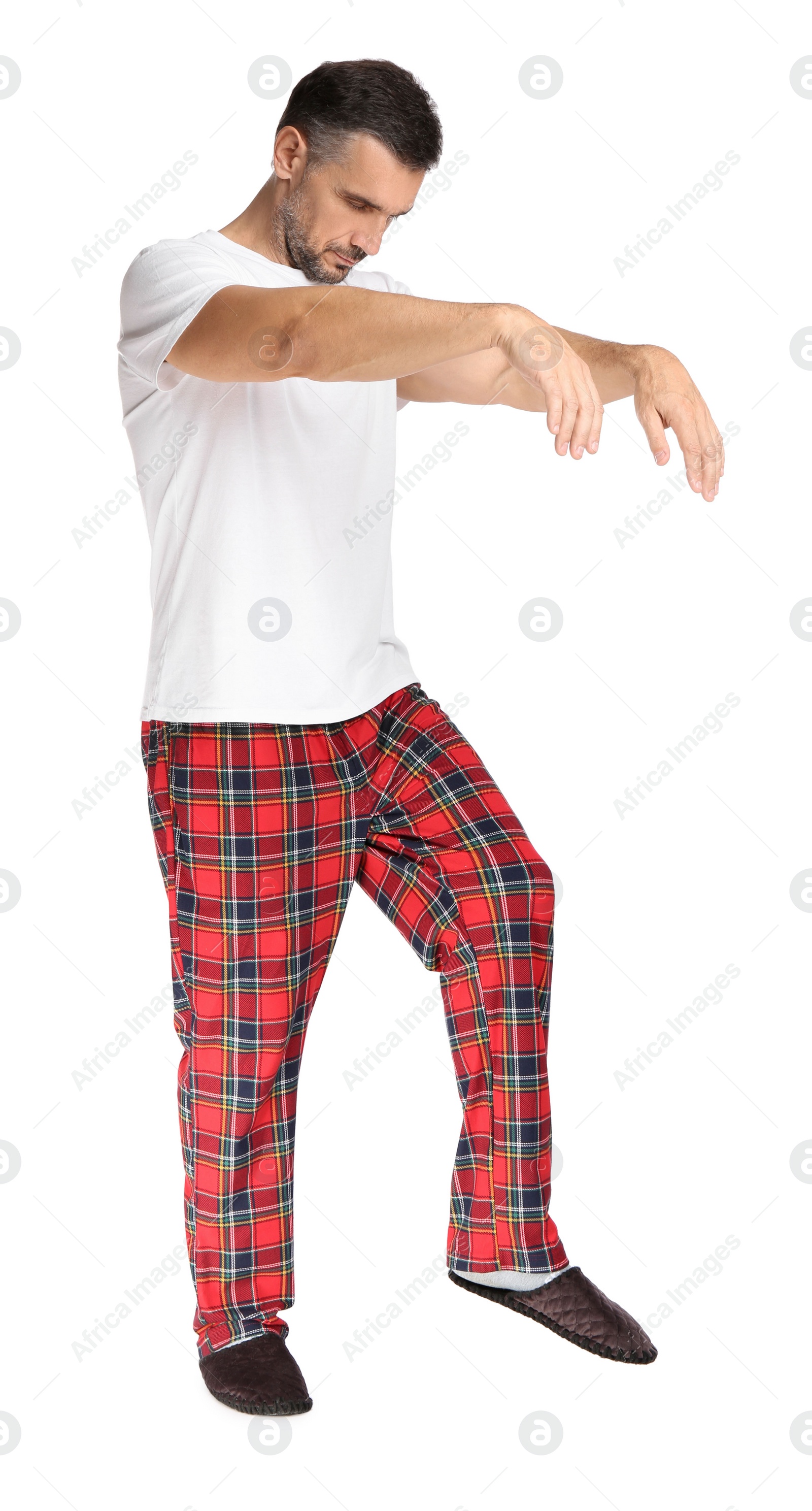 Photo of Man in sleepwalking state on white background