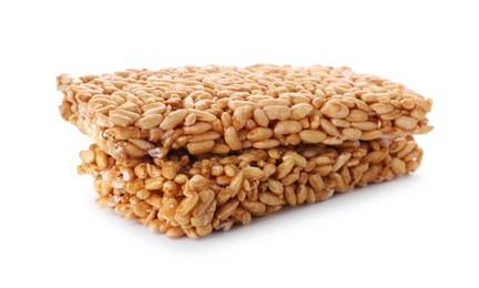 Puffed rice bars (kozinaki) on white background