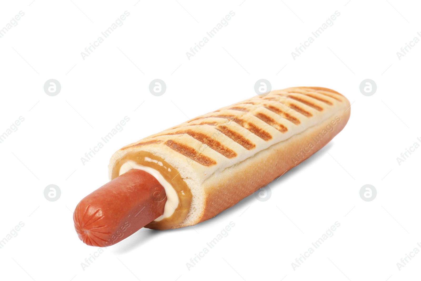 Photo of Tasty french hot dog with sauce isolated on white