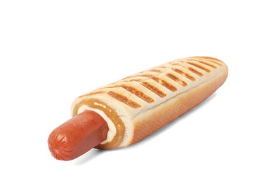 Tasty french hot dog with sauce isolated on white