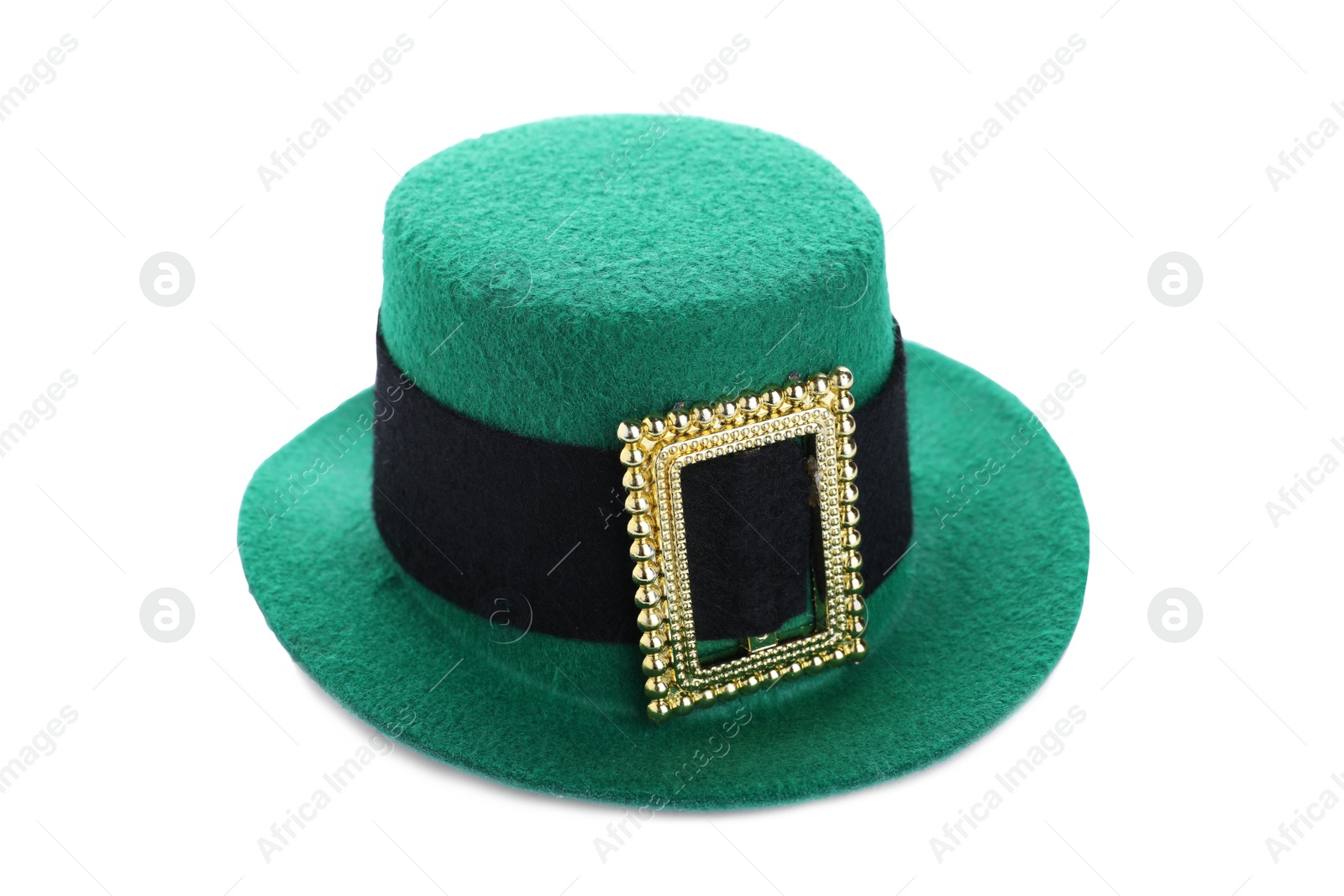 Photo of Green leprechaun hat isolated on white. St. Patrick's Day celebration