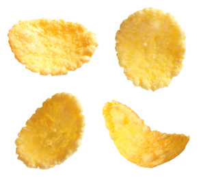 Image of Set of tasty crispy corn flakes on white background