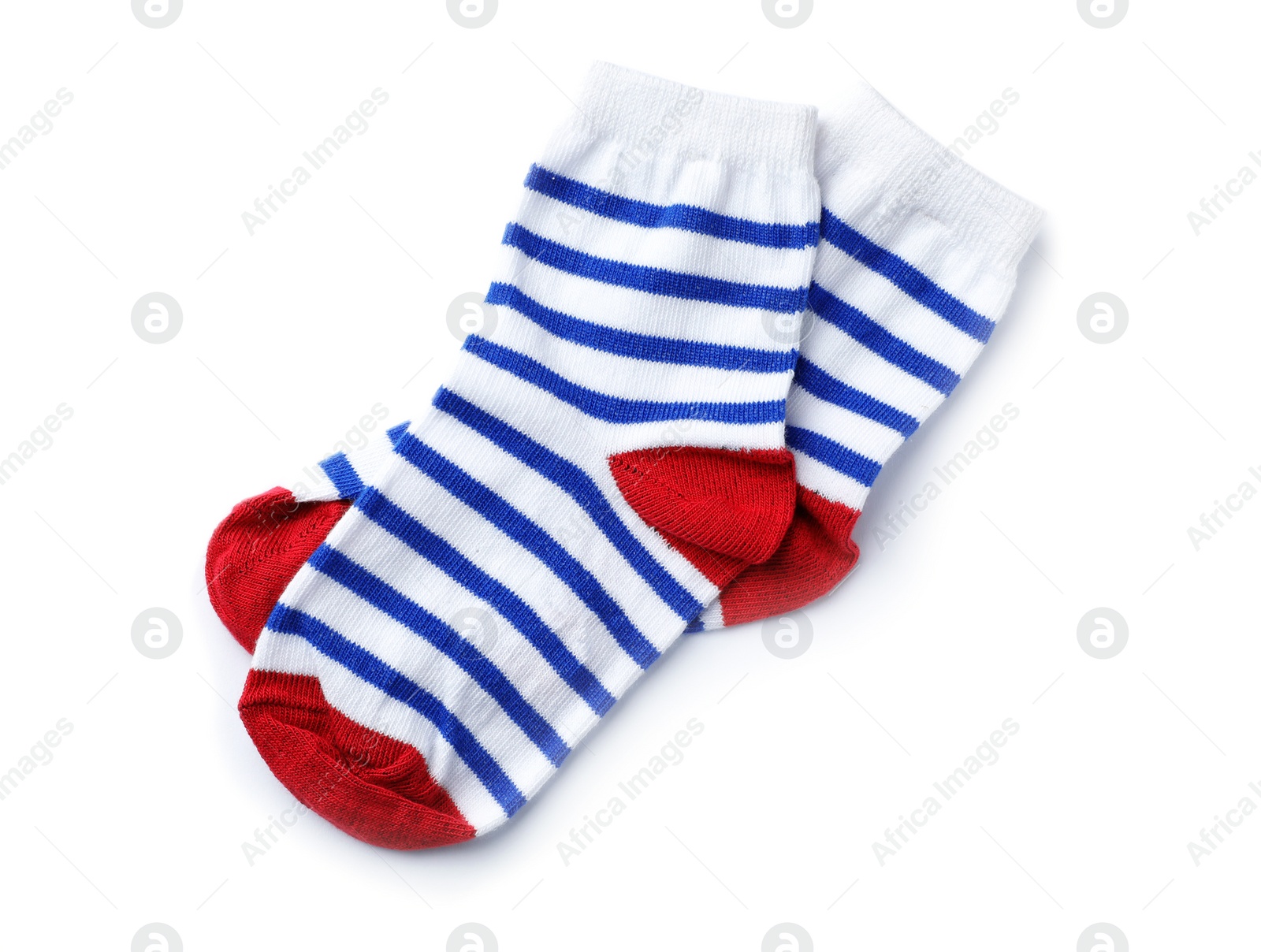 Photo of Cute child socks on white background, top view