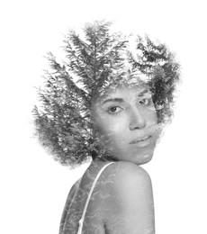 Image of Double exposure of woman and trees on white background, black and white effect