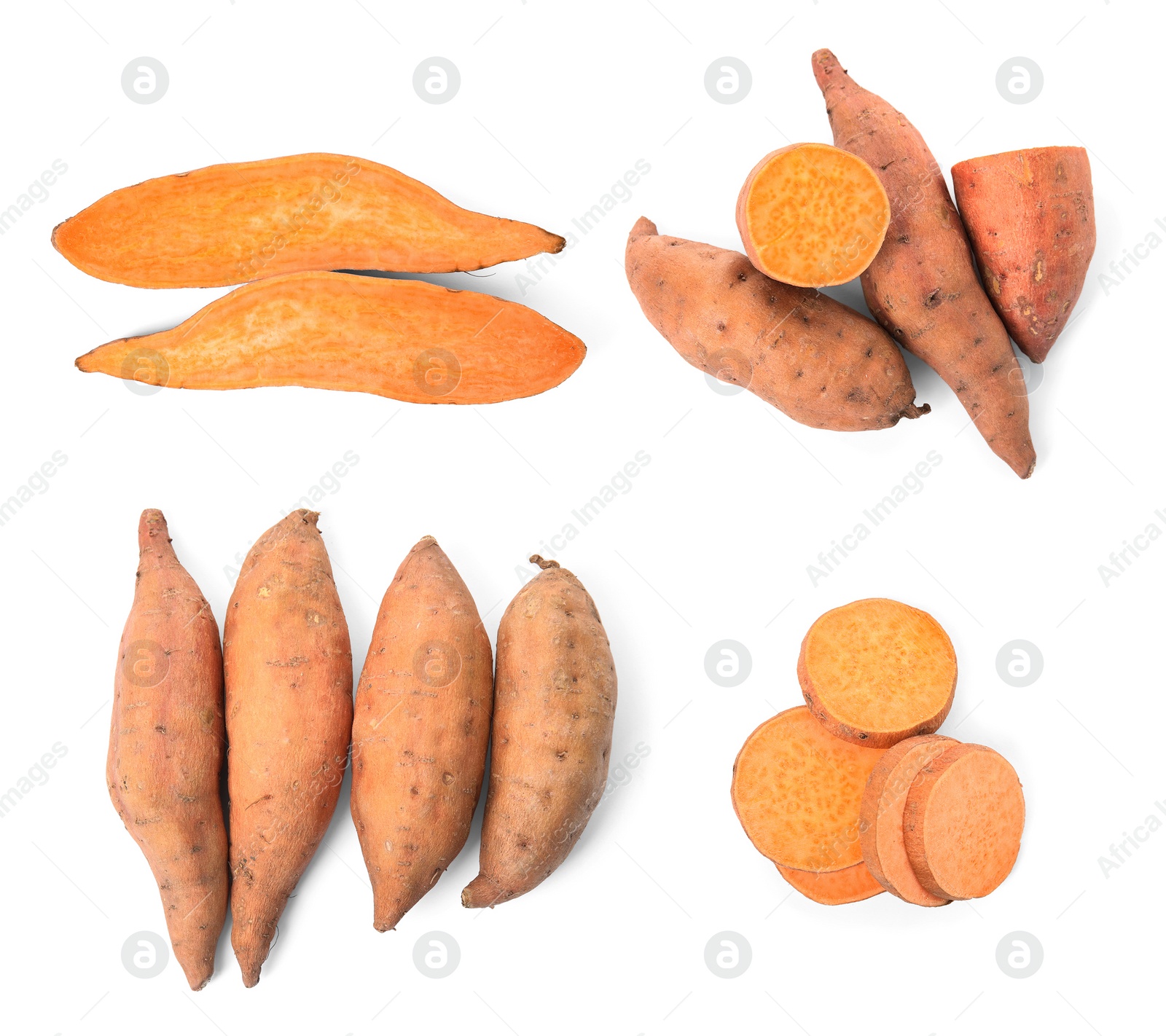 Image of Set with fresh sweet potatoes on white background , top view