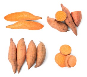 Set with fresh sweet potatoes on white background , top view