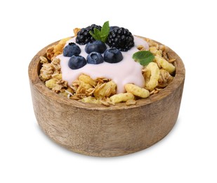 Photo of Tasty granola, yogurt and fresh berries in bowl on white background. Healthy breakfast