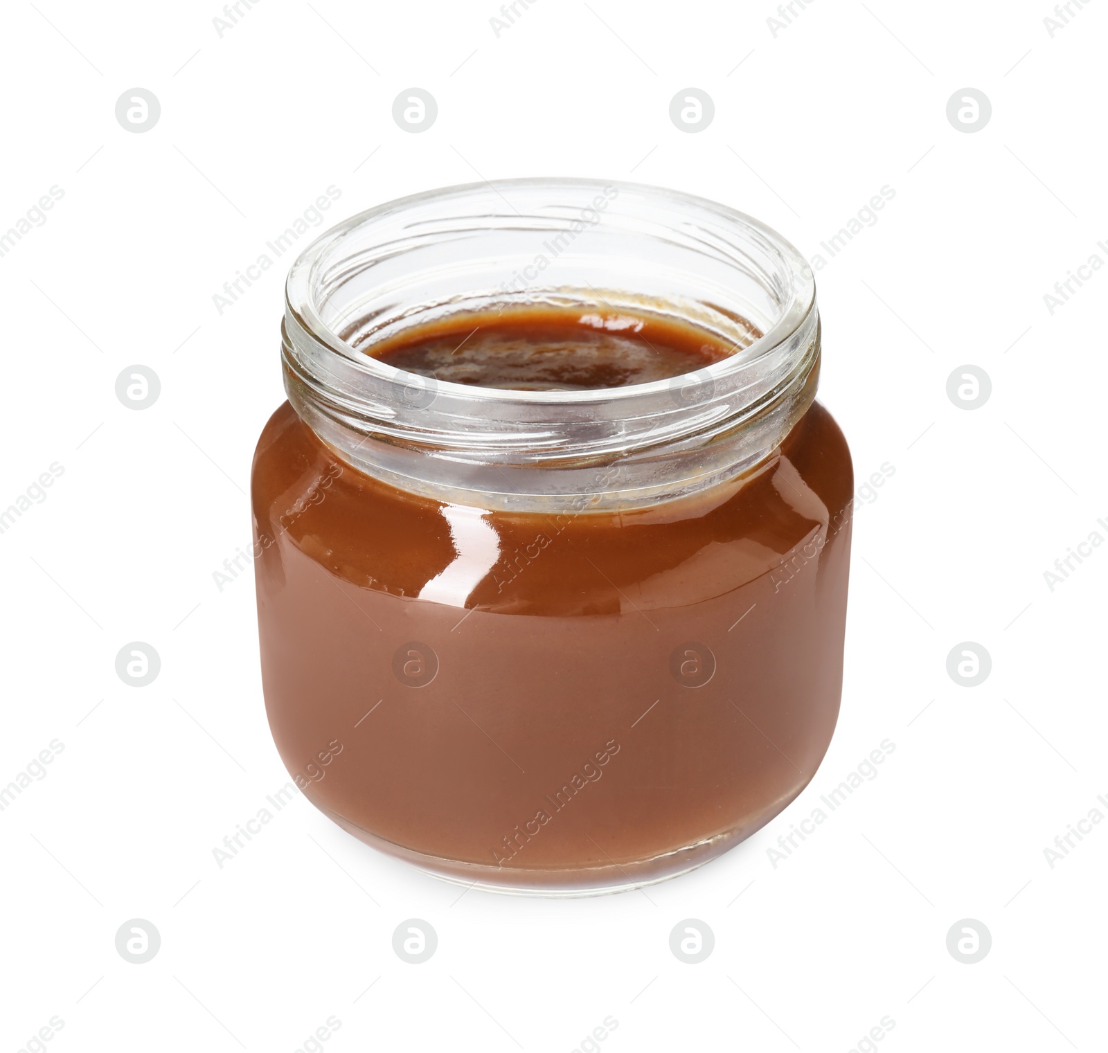 Photo of Baby food. Tasty healthy puree in jar isolated on white