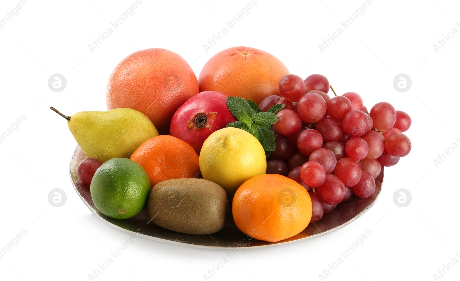 Photo of Plate with fresh ripe fruits on white background