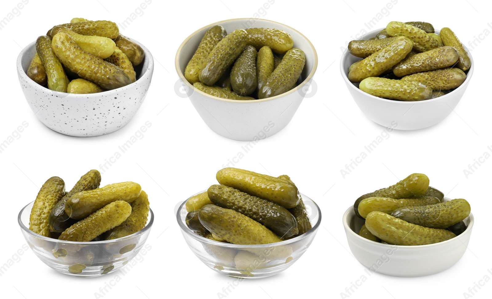 Image of Tasty pickled cucumbers in bowls isolated on white, set