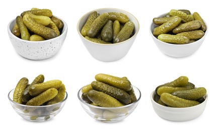 Image of Tasty pickled cucumbers in bowls isolated on white, set