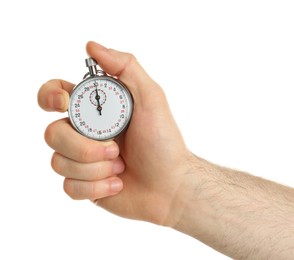 Man holding analog timer on white background, closeup