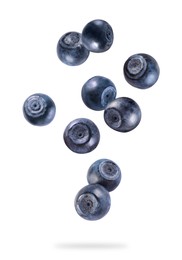 Image of Fresh ripe bilberries falling on white background