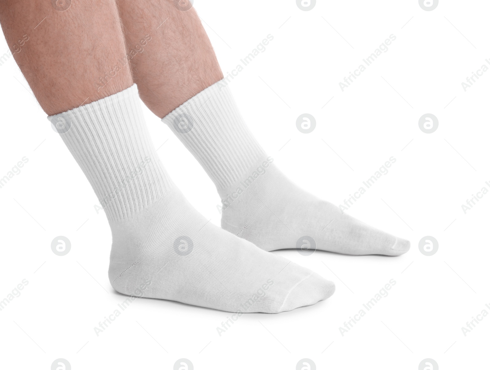 Photo of Man in stylish socks on white background, closeup