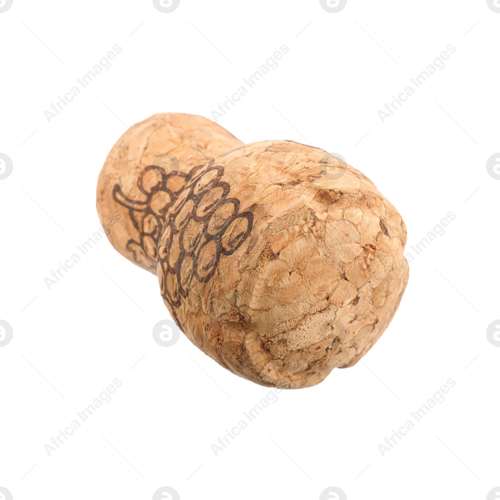 Photo of Sparkling wine cork with grape image isolated on white