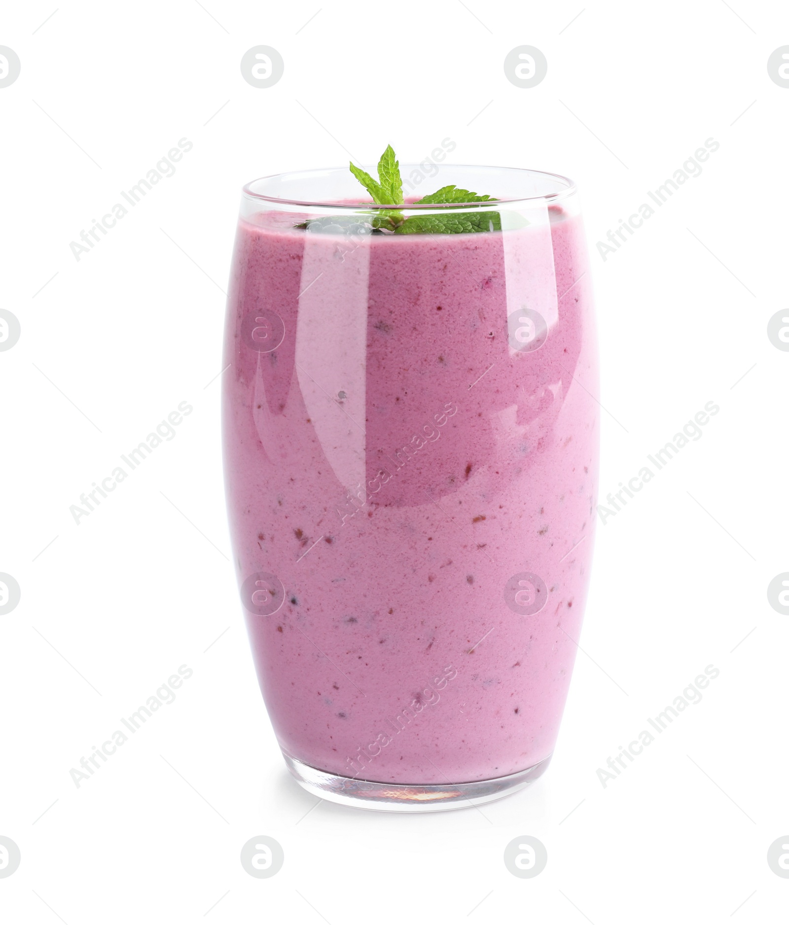 Photo of Delicious blackberry smoothie in glass on white background