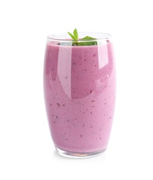 Photo of Delicious blackberry smoothie in glass on white background